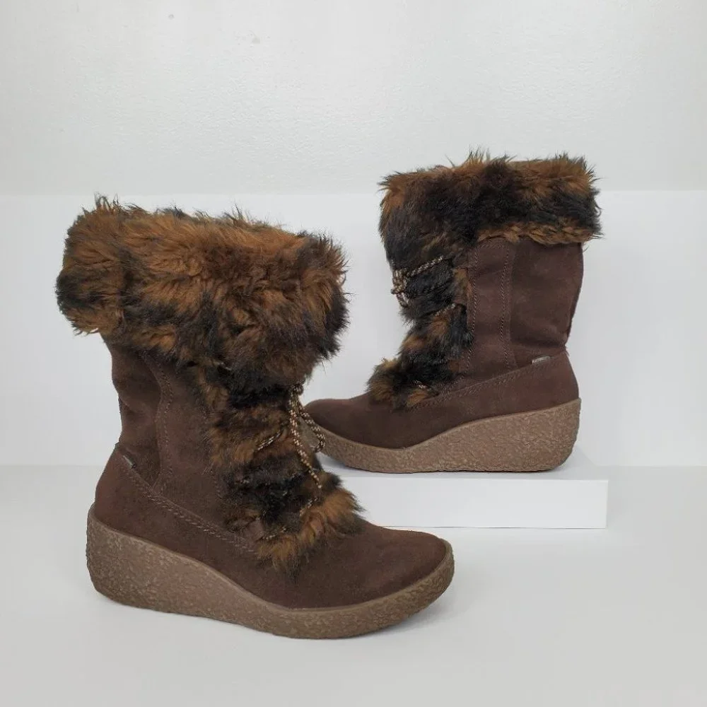 Brilliant Brown Leather Wedge Waterproof Boots Size 8M